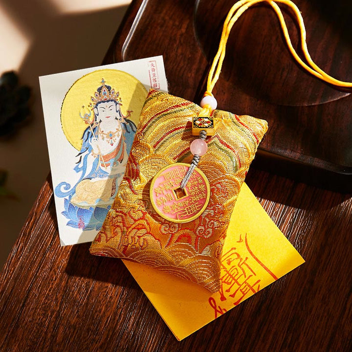 Buddha Stones Chinese Zodiac Natal Buddha Copper Coins Sachet Blessing Hanging Decoration - Yellow Fabric - Horse-Mahasattva Bodhisattva - image 44
