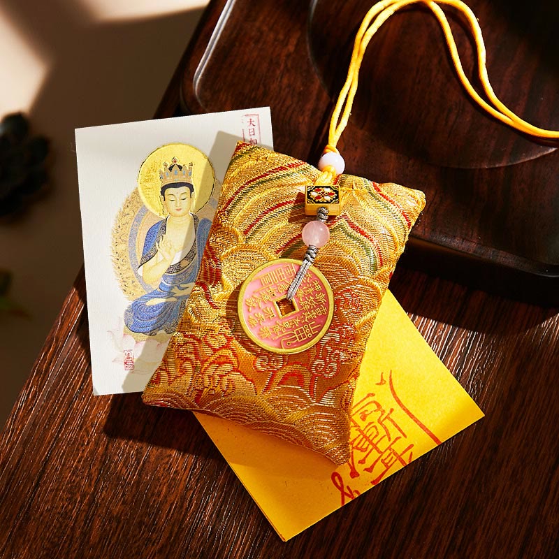 Buddha Stones Chinese Zodiac Natal Buddha Copper Coins Sachet Blessing Hanging Decoration - Yellow Fabric - Goat/Monkey-Tathagata - image 45