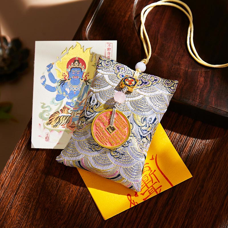 Buddha Stones Chinese Zodiac Natal Buddha Copper Coins Sachet Blessing Hanging Decoration - Gray Fabric - Rooster-Acalanatha - image 51