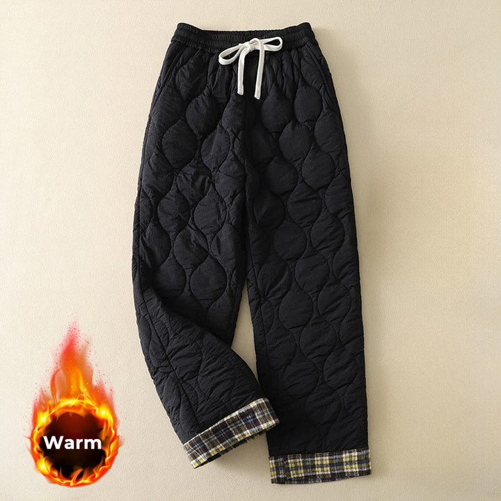 Buddha Stones Winter Curved Lines Elastic Waist Drawstring Patchwork Plaid Cotton Thermal Women's Pants With Pockets - Black - US8-10，UK/AU12-14，EU40-42 (2XL) - image 0