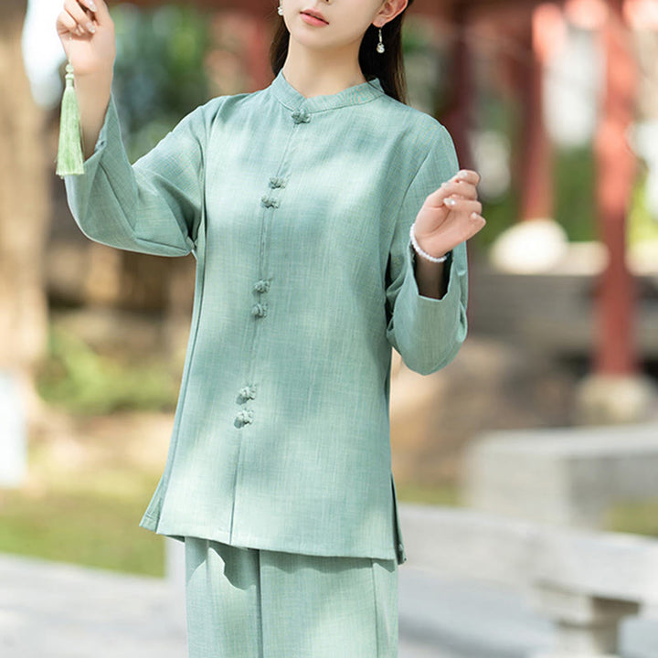 Buddha Stones 2Pcs Chinese Frog-Button Long Sleeve Shirt Top Pants Meditation Zen Tai Chi Cotton Clothing Women's Set - image 15