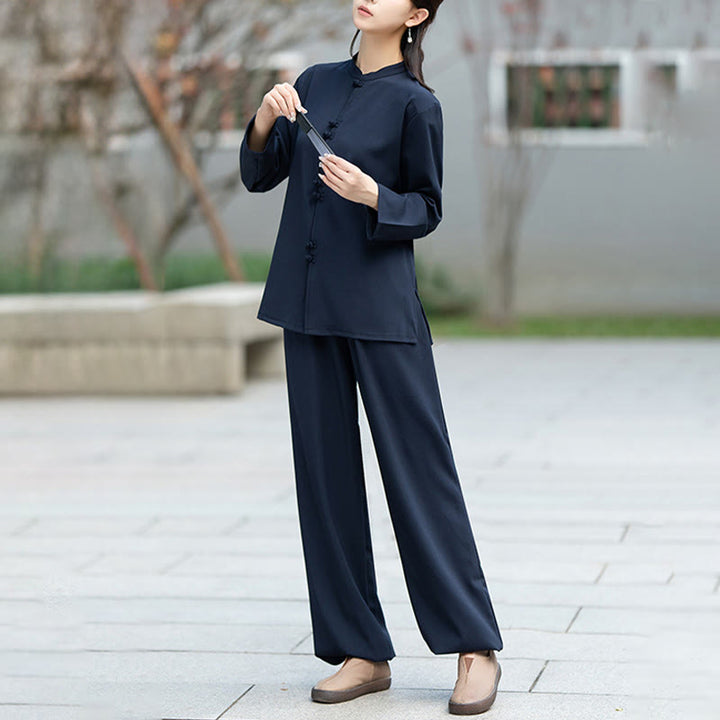 Buddha Stones 2Pcs Chinese Frog-Button Long Sleeve Shirt Top Pants Meditation Zen Tai Chi Cotton Clothing Women's Set - image 4