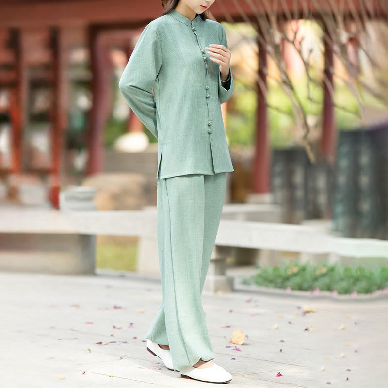 Buddha Stones 2Pcs Chinese Frog-Button Long Sleeve Shirt Top Pants Meditation Zen Tai Chi Cotton Clothing Women's Set - image 12