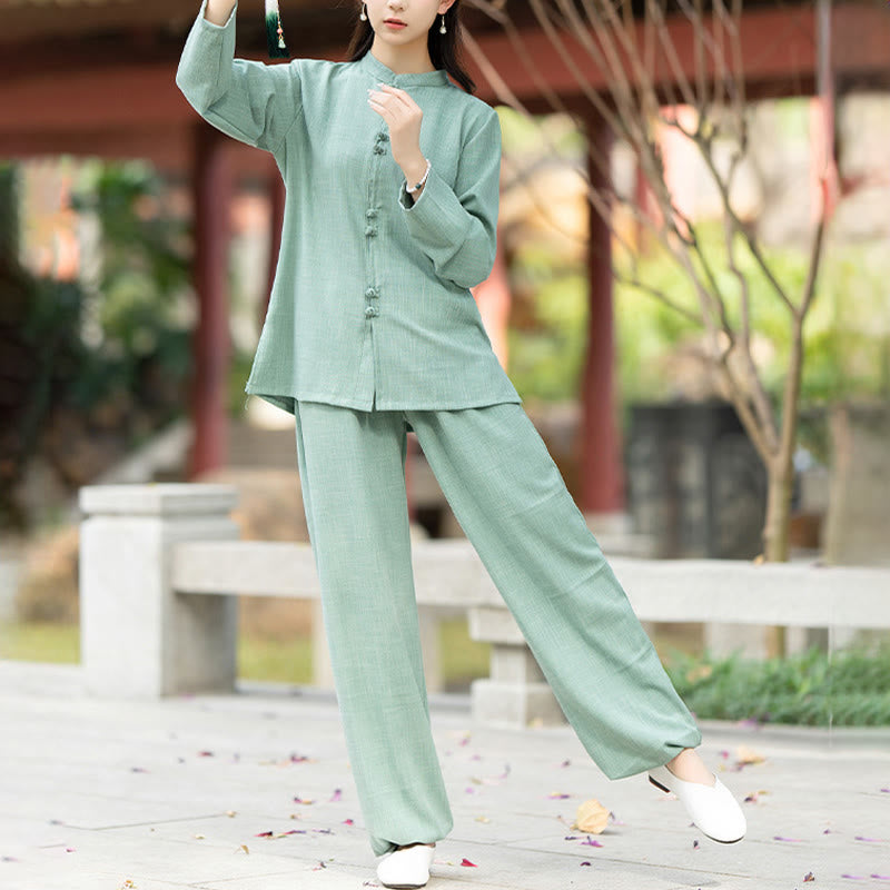 Buddha Stones 2Pcs Chinese Frog-Button Long Sleeve Shirt Top Pants Meditation Zen Tai Chi Cotton Clothing Women's Set - image 11