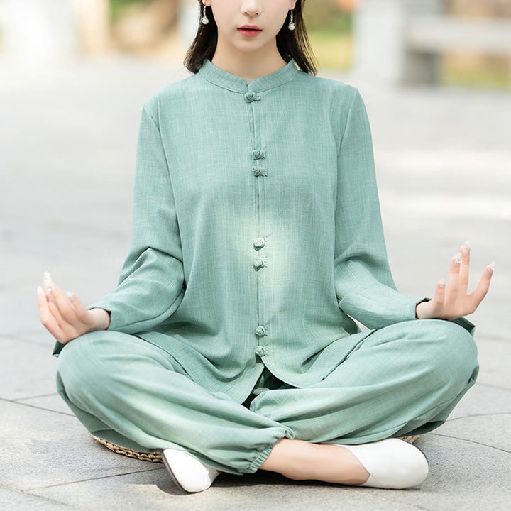 Buddha Stones 2Pcs Chinese Frog-Button Long Sleeve Shirt Top Pants Meditation Zen Tai Chi Cotton Clothing Women's Set - PaleTurquoise - US8-10，UK/AU12-14，EU40-42 (2XL) - image 8