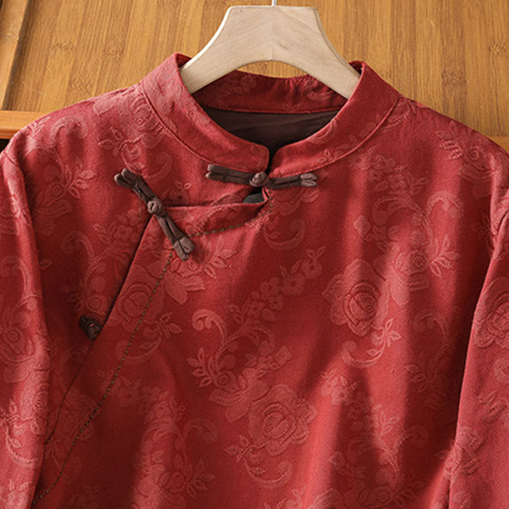 Buddha Stones Fall Jacquard Floral Print Frog-Button Stand Collar Long Sleeve Women's Cotton Shirt - image 2