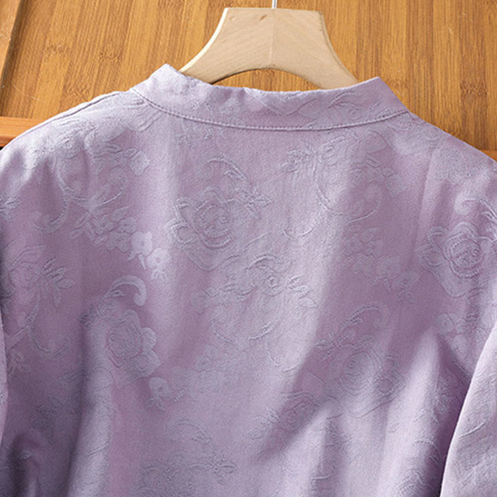 Buddha Stones Fall Jacquard Floral Print Frog-Button Stand Collar Long Sleeve Women's Cotton Shirt - image 11