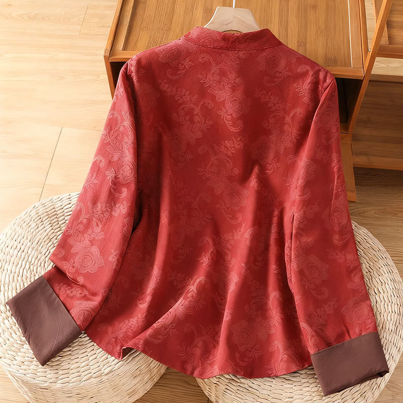 Buddha Stones Fall Jacquard Floral Print Frog-Button Stand Collar Long Sleeve Women's Cotton Shirt - image 1