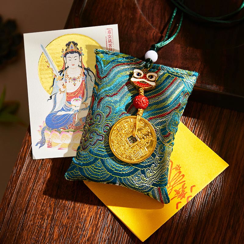 Buddha Stones Chinese Zodiac Natal Buddha Mountain Ghosts Spend Money Copper Coins Sachet Hanging Decoration - Dark Green Fabric - Ox/Tiger-Void Bodhisattva - image 4