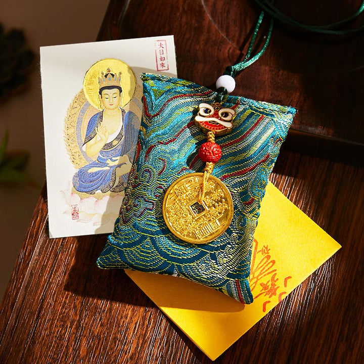 Buddha Stones Chinese Zodiac Natal Buddha Mountain Ghosts Spend Money Copper Coins Sachet Hanging Decoration - Dark Green Fabric - Goat/Monkey-Tathagata - image 10