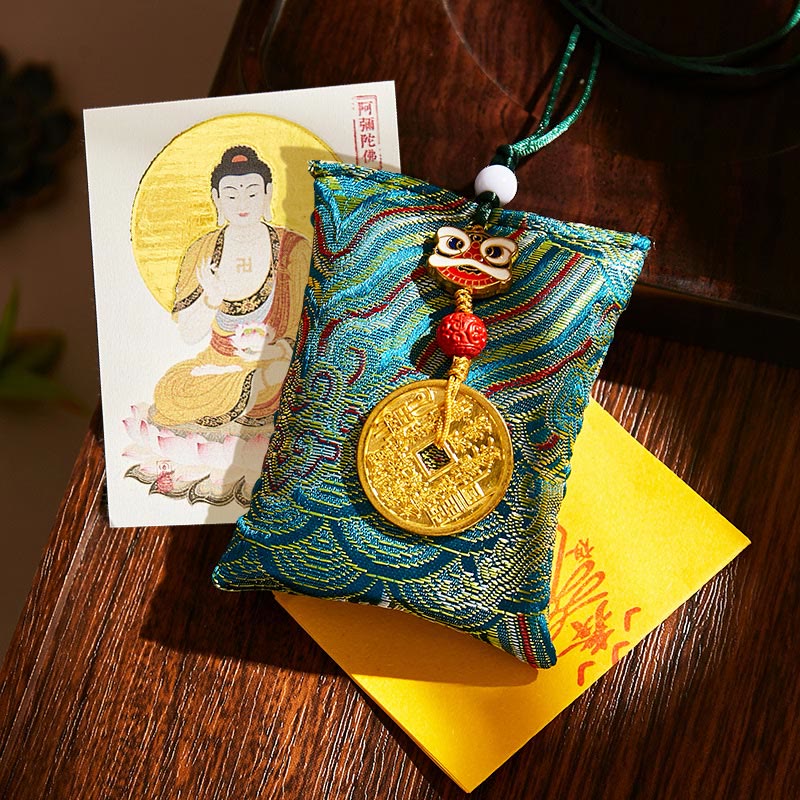 Buddha Stones Chinese Zodiac Natal Buddha Mountain Ghosts Spend Money Copper Coins Sachet Hanging Decoration - Dark Green Fabric - Dog/Pig-Amitabha Buddha - image 14