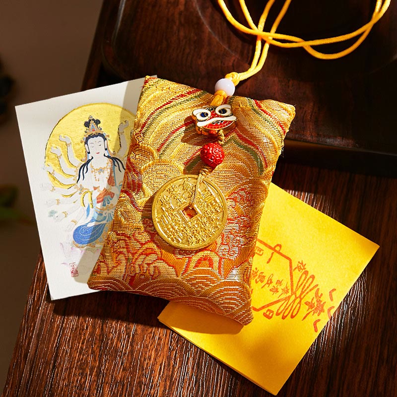 Buddha Stones Chinese Zodiac Natal Buddha Mountain Ghosts Spend Money Copper Coins Sachet Hanging Decoration - Yellow Fabric - Rat-Thousand-armed Avalokitesvara - image 17