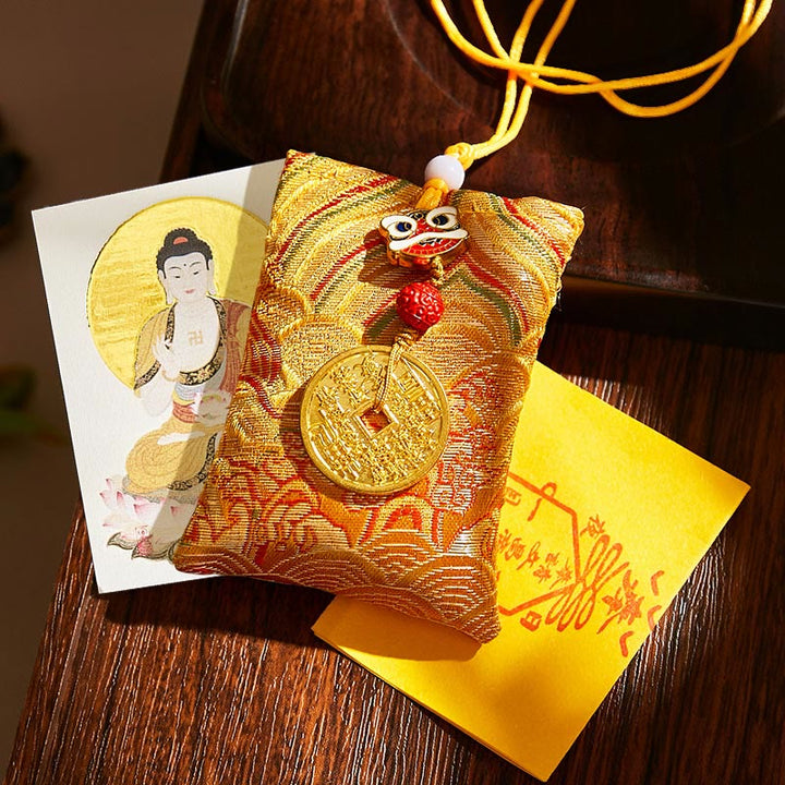 Buddha Stones Chinese Zodiac Natal Buddha Mountain Ghosts Spend Money Copper Coins Sachet Hanging Decoration - Yellow Fabric - Dog/Pig-Amitabha Buddha - image 23