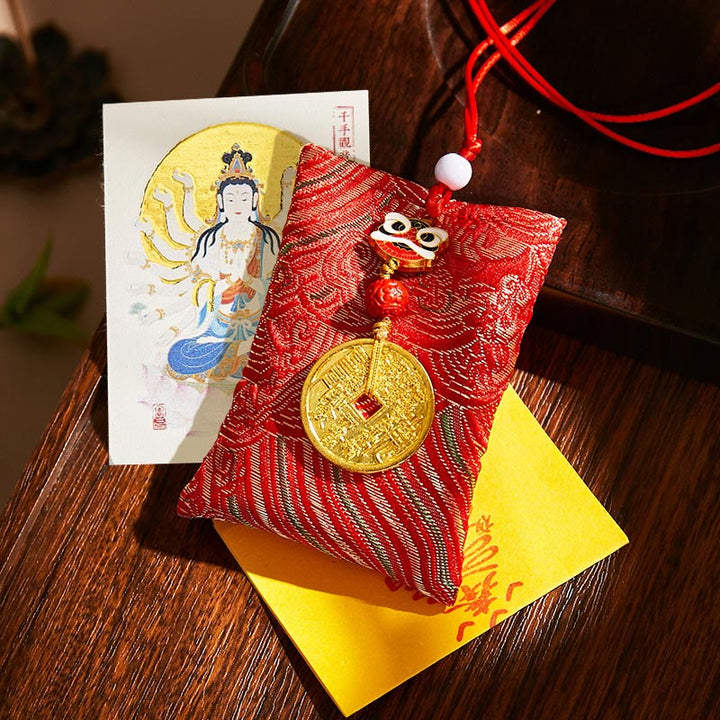 Buddha Stones Chinese Zodiac Natal Buddha Mountain Ghosts Spend Money Copper Coins Sachet Hanging Decoration - Red Fabric - Rat-Thousand-armed Avalokitesvara - image 25