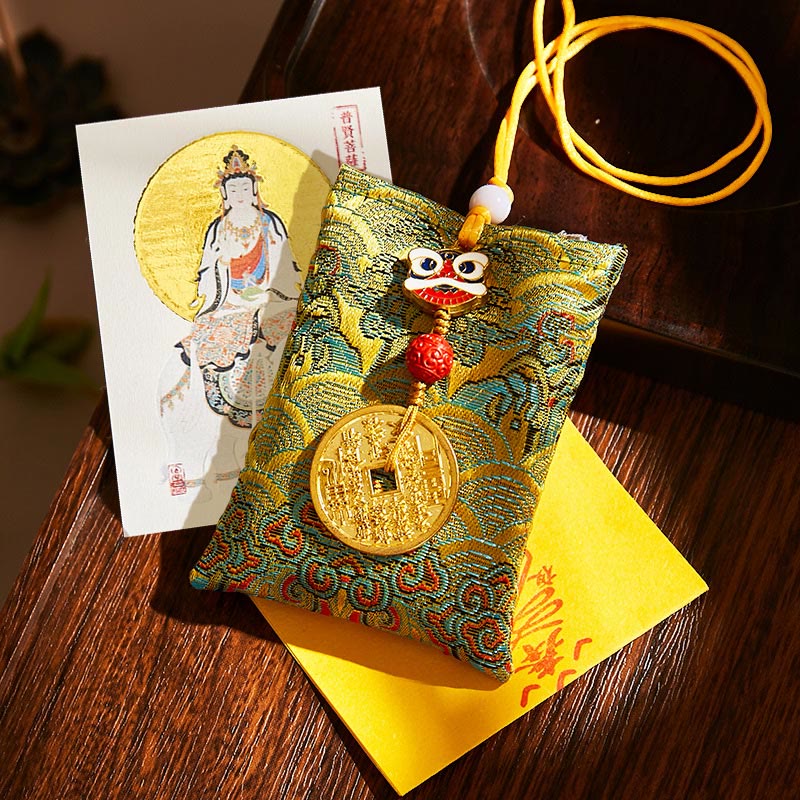 Buddha Stones Chinese Zodiac Natal Buddha Mountain Ghosts Spend Money Copper Coins Sachet Hanging Decoration - Green Fabric - Dragon/Snake-Samantabhadra Bodhisattva - image 38