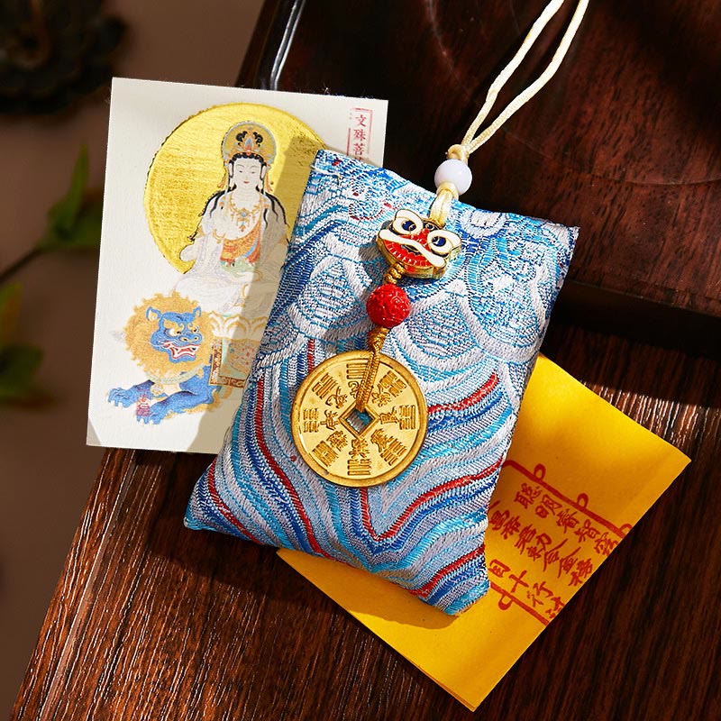 Buddha Stones Chinese Zodiac Natal Buddha Mountain Ghosts Spend Money Copper Coins Sachet Hanging Decoration - Light Blue Fabric - Rabbit-Manjushri Bodhisattva - image 40
