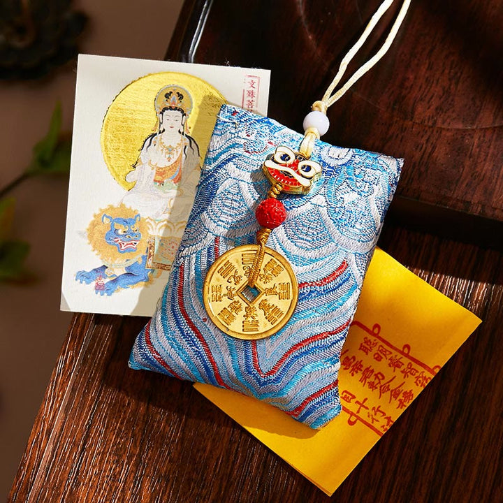 Buddha Stones Chinese Zodiac Natal Buddha Mountain Ghosts Spend Money Copper Coins Sachet Hanging Decoration - Light Blue Fabric - Rabbit-Manjushri Bodhisattva - image 40