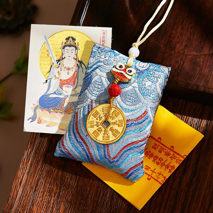 Buddha Stones Chinese Zodiac Natal Buddha Mountain Ghosts Spend Money Copper Coins Sachet Hanging Decoration - Light Blue Fabric - Ox/Tiger-Void Bodhisattva - image 42
