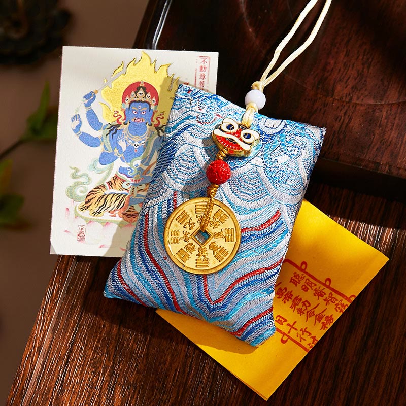 Buddha Stones Chinese Zodiac Natal Buddha Mountain Ghosts Spend Money Copper Coins Sachet Hanging Decoration - Light Blue Fabric - Rooster-Acalanatha - image 43