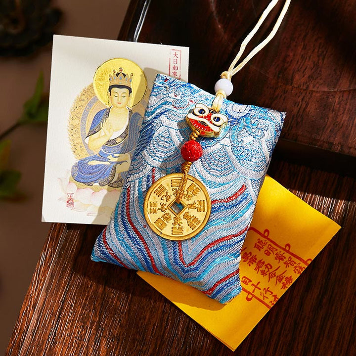 Buddha Stones Chinese Zodiac Natal Buddha Mountain Ghosts Spend Money Copper Coins Sachet Hanging Decoration - Light Blue Fabric - Goat/Monkey-Tathagata - image 45