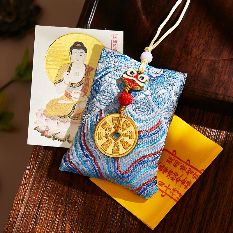 Buddha Stones Chinese Zodiac Natal Buddha Mountain Ghosts Spend Money Copper Coins Sachet Hanging Decoration - Light Blue Fabric - Dog/Pig-Amitabha Buddha - image 47
