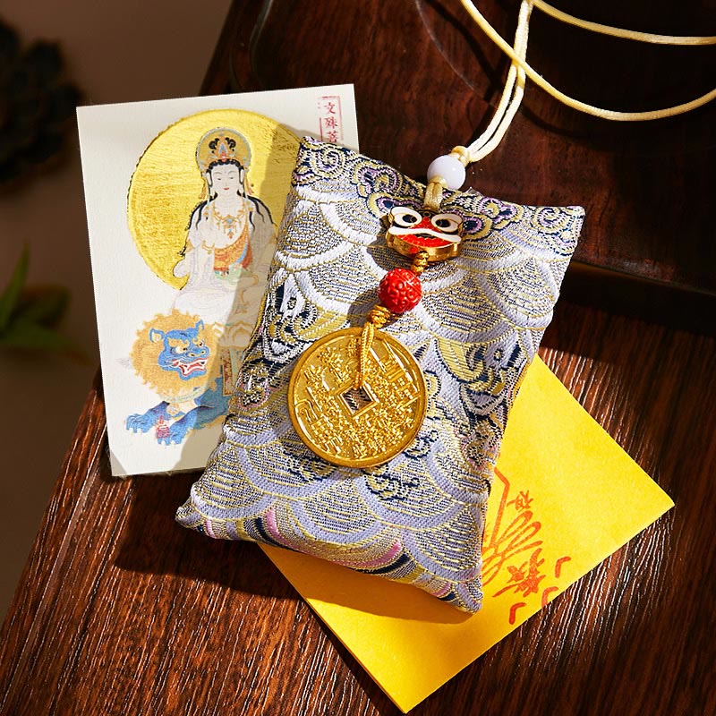 Buddha Stones Chinese Zodiac Natal Buddha Mountain Ghosts Spend Money Copper Coins Sachet Hanging Decoration - Gray Fabric - Rabbit-Manjushri Bodhisattva - image 48