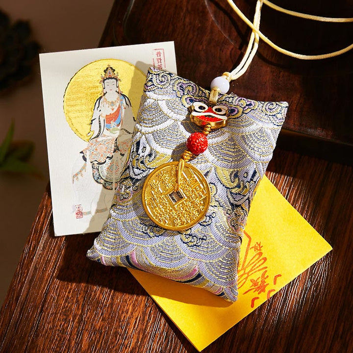 Buddha Stones Chinese Zodiac Natal Buddha Mountain Ghosts Spend Money Copper Coins Sachet Hanging Decoration - Gray Fabric - Dragon/Snake-Samantabhadra Bodhisattva - image 54