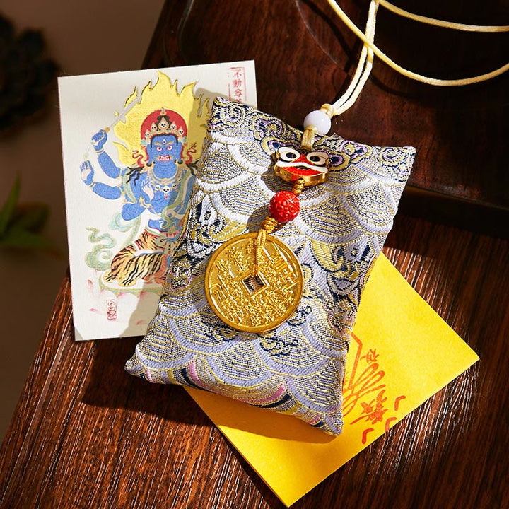 Buddha Stones Chinese Zodiac Natal Buddha Mountain Ghosts Spend Money Copper Coins Sachet Hanging Decoration - Gray Fabric - Rooster-Acalanatha - image 51