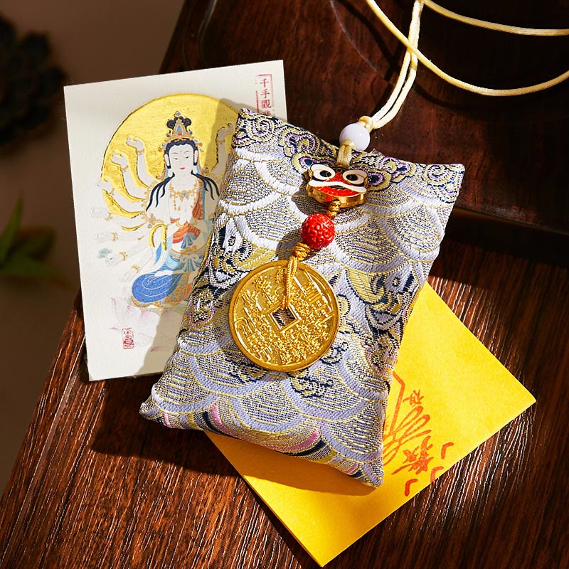 Buddha Stones Chinese Zodiac Natal Buddha Mountain Ghosts Spend Money Copper Coins Sachet Hanging Decoration - Gray Fabric - Rat-Thousand-armed Avalokitesvara - image 49