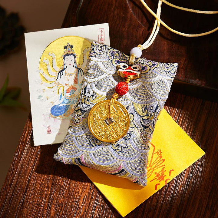 Buddha Stones Chinese Zodiac Natal Buddha Mountain Ghosts Spend Money Copper Coins Sachet Hanging Decoration - Gray Fabric - Rat-Thousand-armed Avalokitesvara - image 49