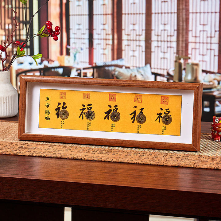Buddha Stones Fu Character Five-Emperor Coins Lucky Fortune Photo Frame Ornament Home Decor - Style 1 - Medium Density Fiberboard(13*40*4cm) - image 0