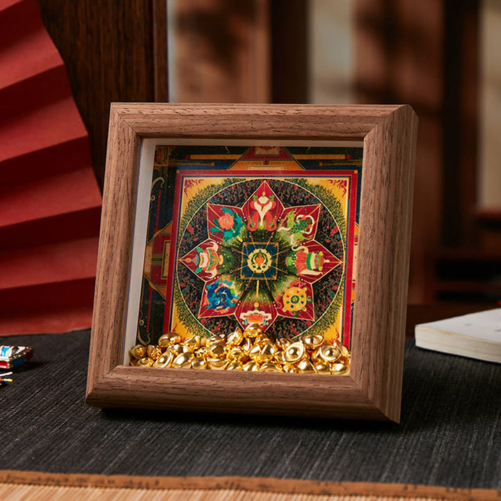 Buddha Stones Tibetan Om Mani Padme Hum Golden Ingot Thangka Photo Frame Ornament Home Decor - Style 3 - Brown Medium Density Fiberboard(10*10*4cm) - image 5