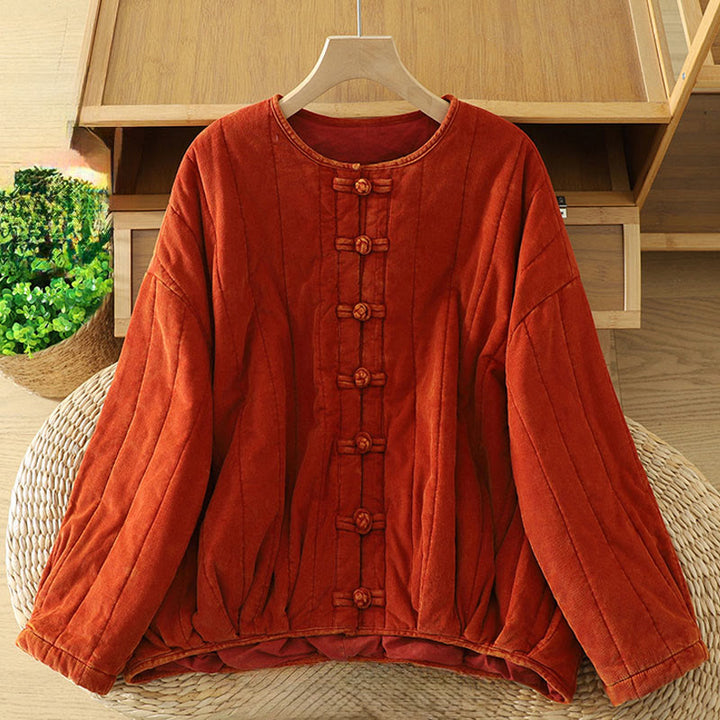 Buddha Stones Winter Frog-button Polyester Long Sleeve Corduroy Women's Jacket  - OrangeRed - US8-10，UK/AU12-14，EU40-42 (2XL) - image 0