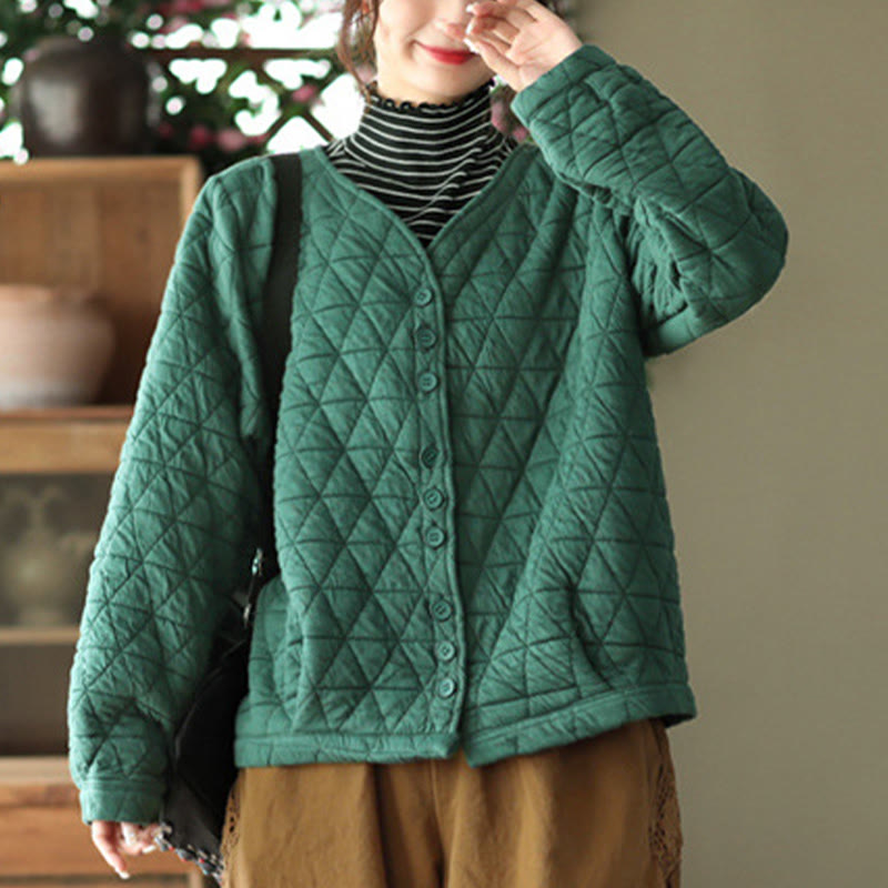 Buddha Stones Winter Cotton Long Sleeve Diamond Pattern Women's Thermal Jacket With Pockets - image 4