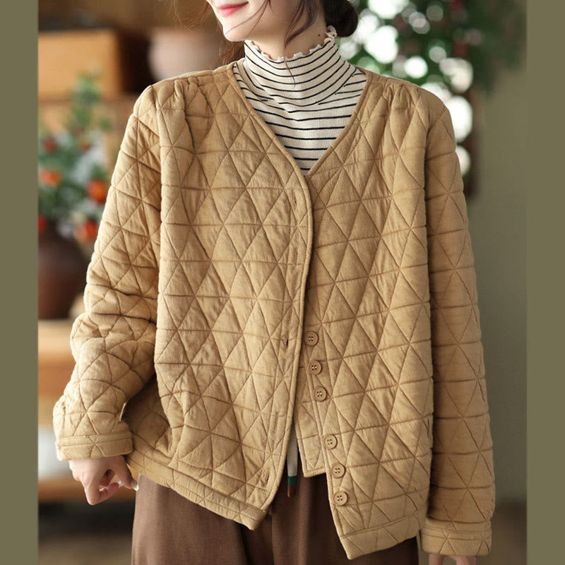 Buddha Stones Winter Cotton Long Sleeve Diamond Pattern Women's Thermal Jacket With Pockets - image 10