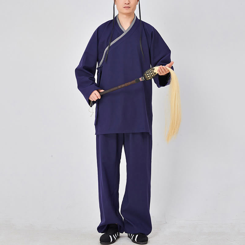 Buddha Stones 2Pcs Wudang Fall Solid Frog-Button Long Sleeve Linen Unisex Taoist Robe Kimono Pants Qigong Ceremony Suit - SteelBlue - 3XL-FIT FOR US/UK/AU/EU-XL - image 5