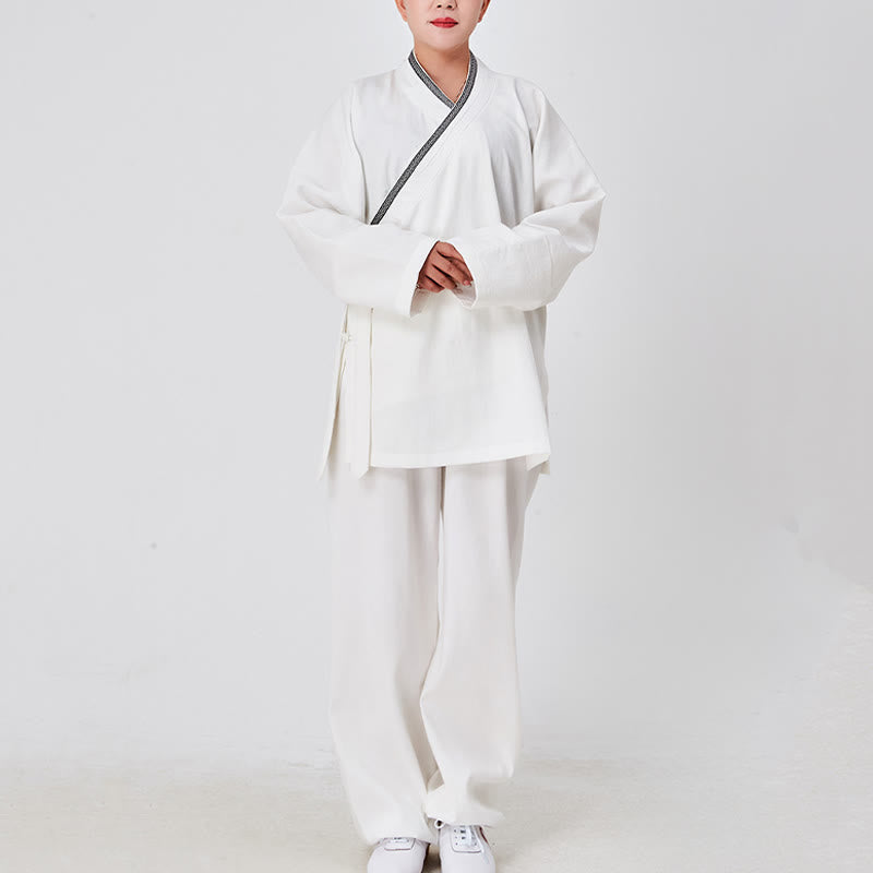 Buddha Stones 2Pcs Wudang Fall Solid Frog-Button Long Sleeve Linen Unisex Taoist Robe Kimono Pants Qigong Ceremony Suit - White - 3XL-FIT FOR US/UK/AU/EU-XL - image 0