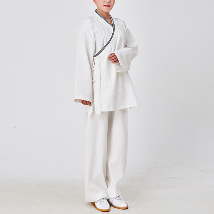 Buddha Stones 2Pcs Wudang Fall Solid Frog-Button Long Sleeve Linen Unisex Taoist Robe Kimono Pants Qigong Ceremony Suit - image 2