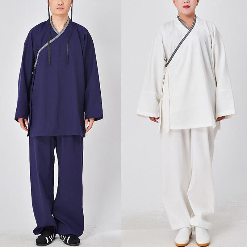 Buddha Stones 2Pcs Wudang Fall Solid Frog-Button Long Sleeve Linen Unisex Taoist Robe Kimono Pants Qigong Ceremony Suit - image 10
