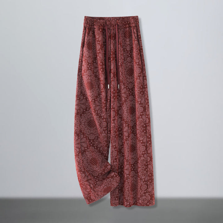 Buddha Stones Casual Floral Pattern Polyester Women's Wide Leg Pants With Pockets - FireBrick - US12，UK/AU16，EU44 (3XL) - image 5