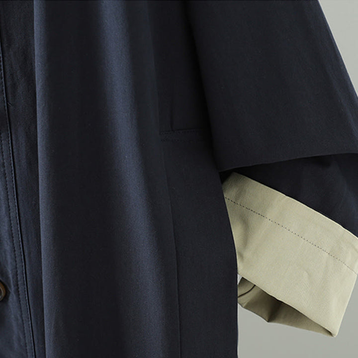 Buddha Stones Fall Lapel Buttons Patchwork Design Women's Cotton Long Sleeve Coat With Pockets - image 18