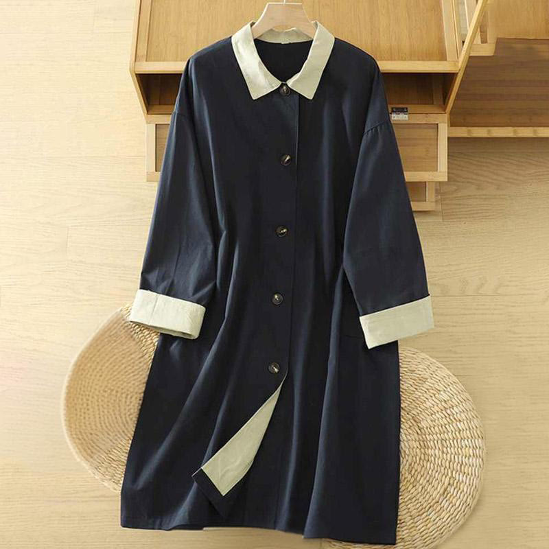 Buddha Stones Fall Lapel Buttons Patchwork Design Women's Cotton Long Sleeve Coat With Pockets - MidnightBlue - US12，UK/AU16，EU44 (XL) - image 11