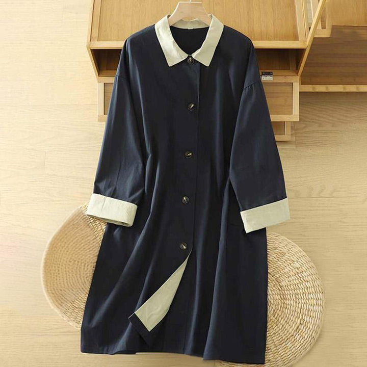 Buddha Stones Fall Lapel Buttons Patchwork Design Women's Cotton Long Sleeve Coat With Pockets - MidnightBlue - US12，UK/AU16，EU44 (XL) - image 11