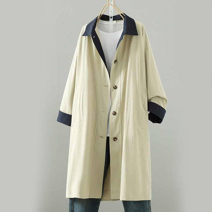 Buddha Stones Fall Lapel Buttons Patchwork Design Women's Cotton Long Sleeve Coat With Pockets - image 0