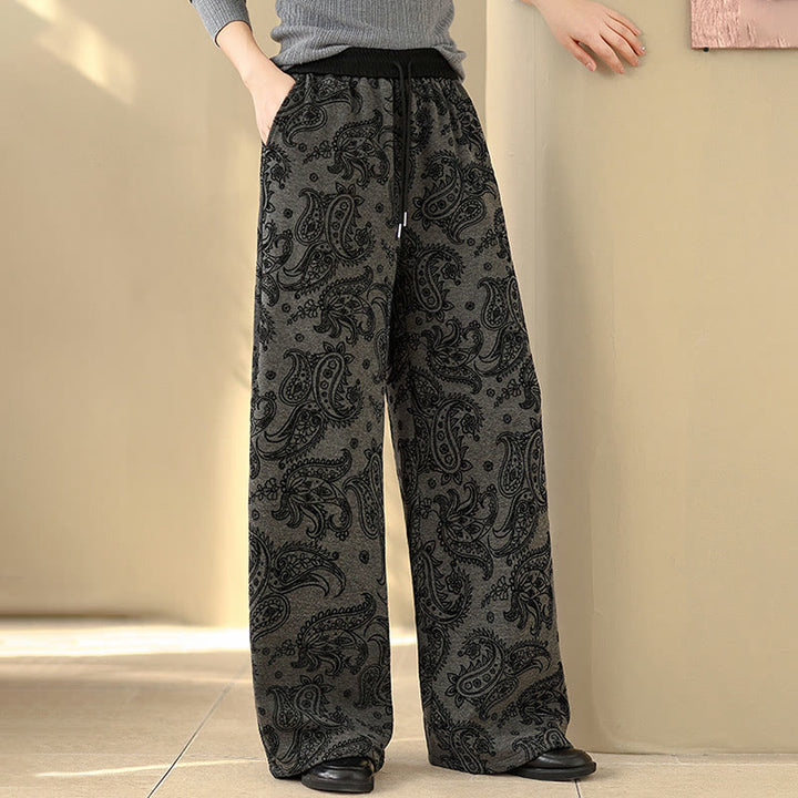 Buddha Stones Jacquard Paisley Pattern Women's Wide Leg Thermal Fleece-Lined Cotton Pants With Pockets - image 0