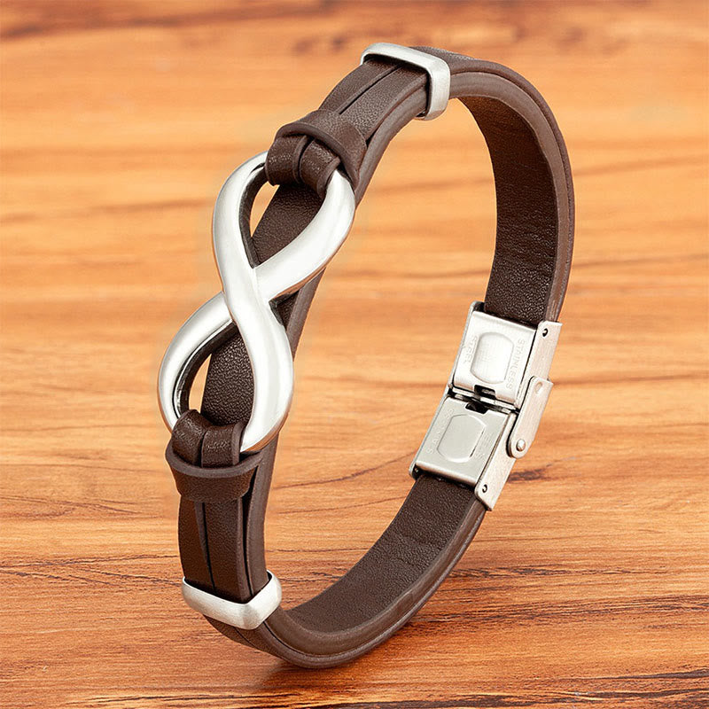 Buddha Stones Infinitely Design Titanium Steel Multicolored Leather Strengthen Bracelet - Brown Leather Silver Buckle - 20-22cm - image 9