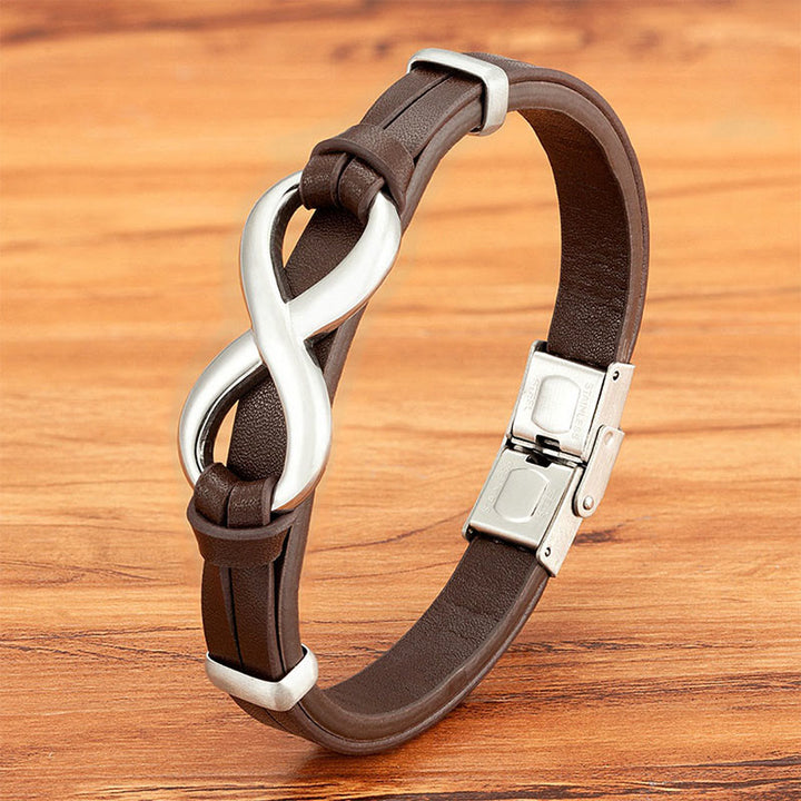 Buddha Stones Infinitely Design Titanium Steel Multicolored Leather Strengthen Bracelet - Brown Leather Silver Buckle - 20-22cm - image 9