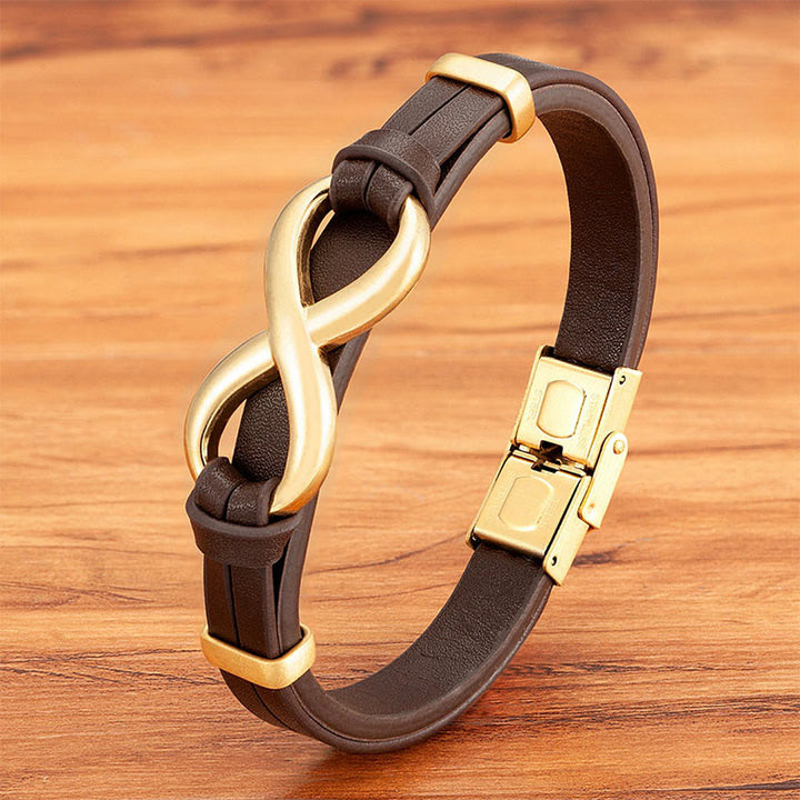 Buddha Stones Infinitely Design Titanium Steel Multicolored Leather Strengthen Bracelet - Brown Leather Gold Buckle - 20-22cm - image 5