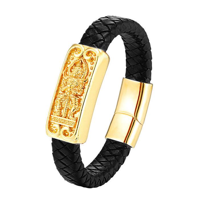 Buddha Stones Buddha Symbol Titanium Steel Leather Strengthen Bracelet - Black(Wrist Circumference: 19-21cm) - image 0