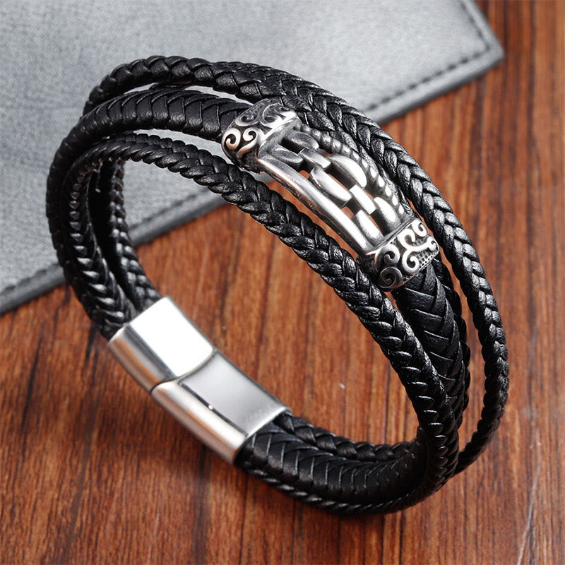 Buddha Stones Chain Link Design Titanium Steel Multi-layer Leather Balance Braided Bracelet - image 1